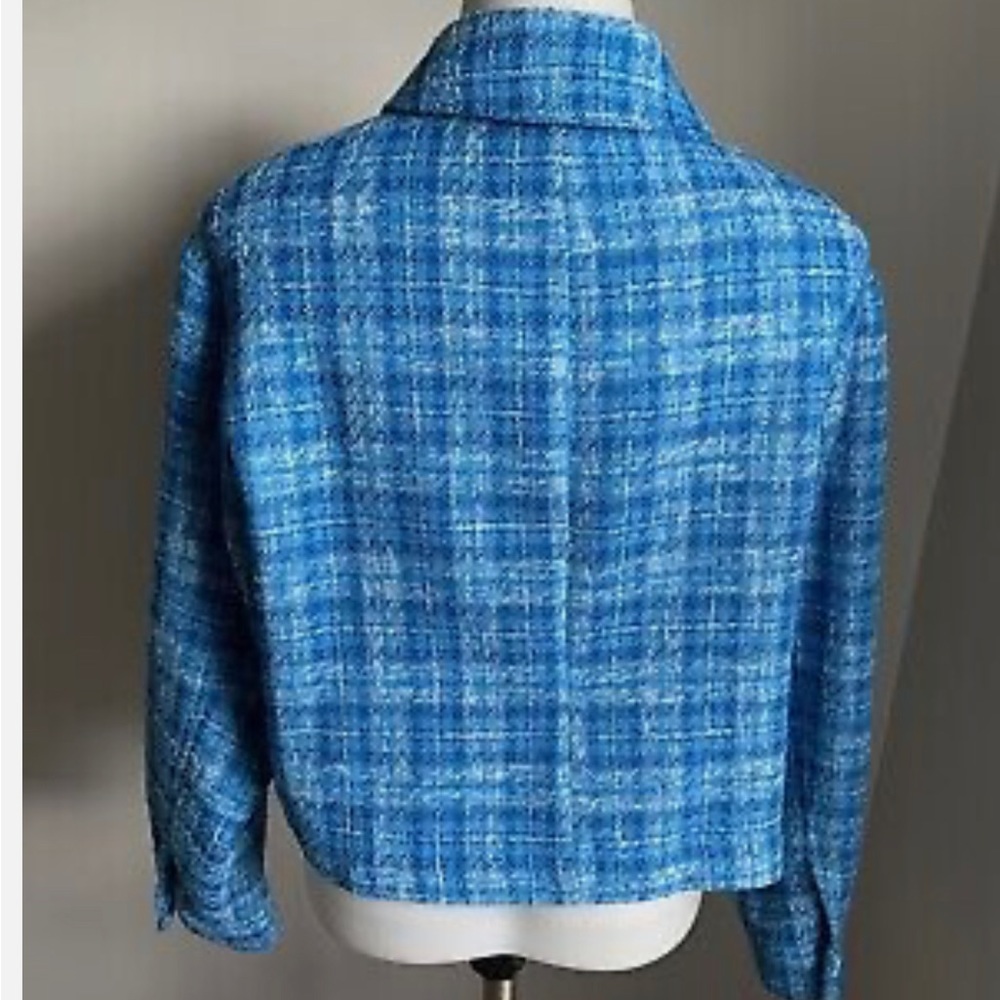 Women’s ZARA Blue Boxy Cropped Textured Tweed Jacket Rhinestone Buttons Medium
